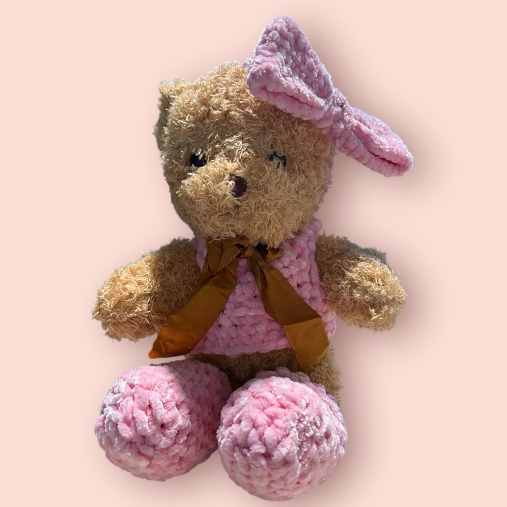 Charming Pink and Tan Stuffed Bear with Bow